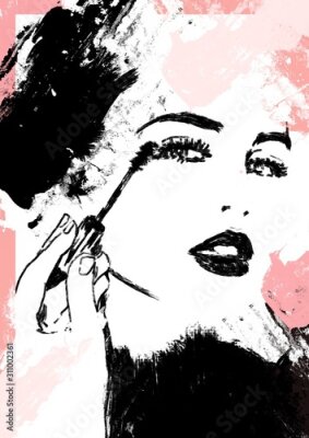 Sticker Putting on make up. Girl or woman put on cosmetics.