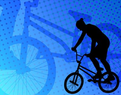 Radfahrer auf einem Fahrrad und blauer Hintergrund