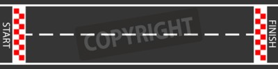 Sticker raster illustration of finish line racing background top view.  Start or finish on kart race. Asphalt road.