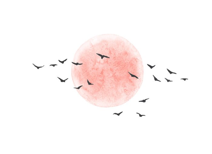 Sticker Red Sun and Flying Birds Isolated