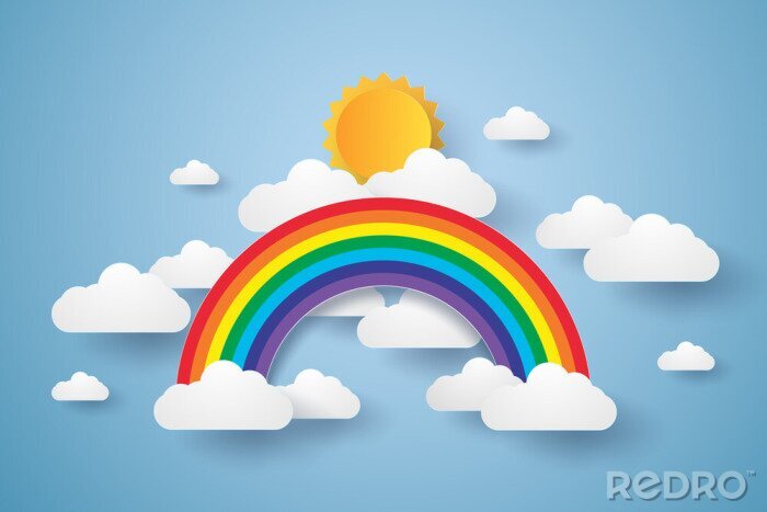 Sticker Regenbogen vor dem Hintergrund eines blauen Himmels mit Wolken und Sonne