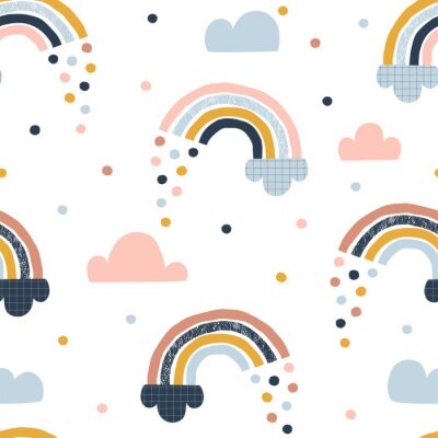 Sticker Regenbogen zwischen Wolken und bunten Regentropfen
