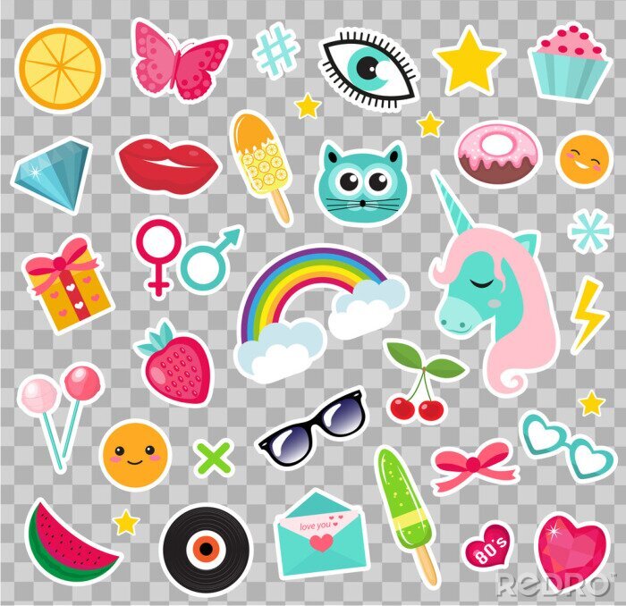 Sticker Regenbogenfarbene einfache Grafiken zu verschiedenen Themen