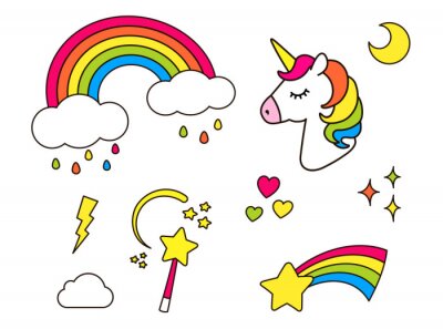 Sticker Regenbogengrafiken Einhorn Zauberstab fallender Stern