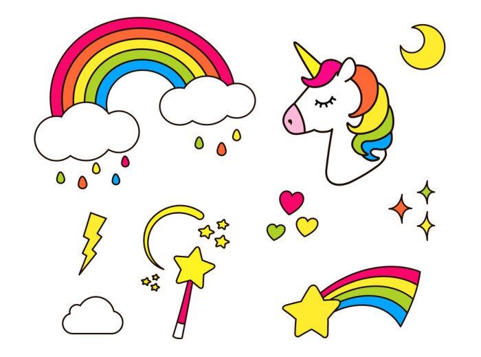 Sticker Regenbogengrafiken Einhorn Zauberstab fallender Stern