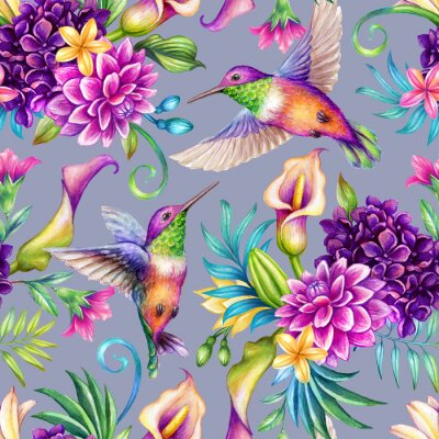 Regenbogenvögel und farbenfrohe Blumen