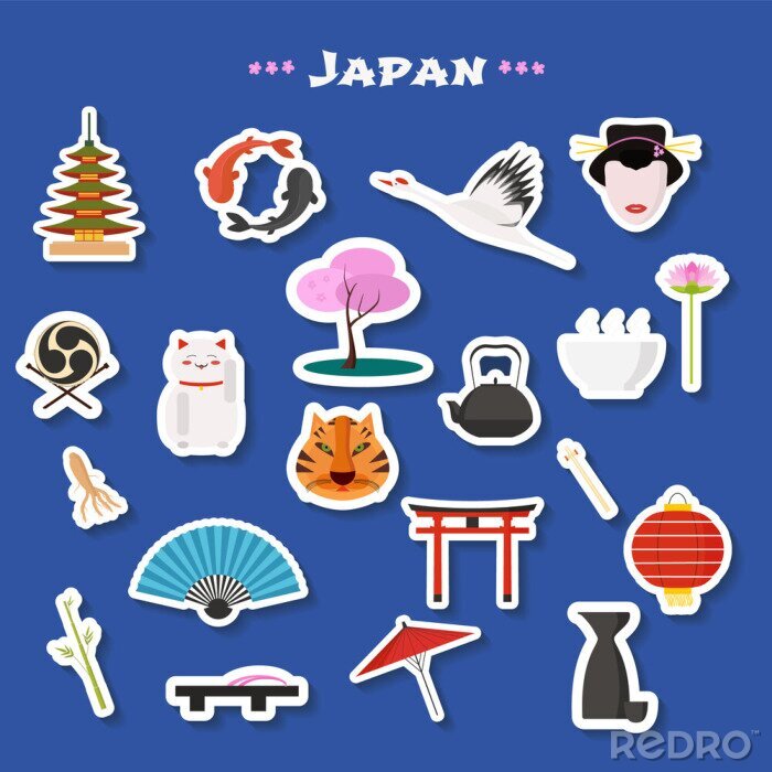 Sticker Reisen Sie nach Japan Vektor Icons set