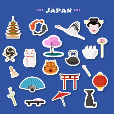 Sticker Reisen Sie nach Japan Vektor Icons set