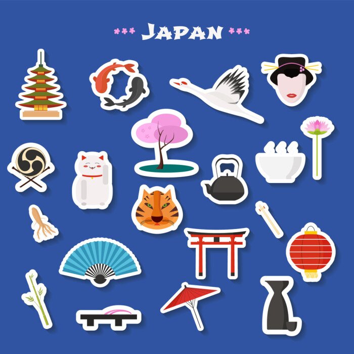 Sticker Reisen Sie nach Japan Vektor Icons set