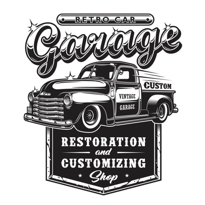 Sticker Retro- Autoreparatur-Garagenzeichen mit Retrostil-LKW. Kundenspezifischer Wiederherstellungsshop.
