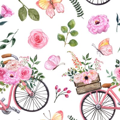 Tapete Retro-Design mit rosa Fahrrad und Aquarell-Blumen