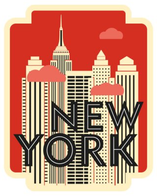 Sticker Retro design poster New York. Skyscrapers and clouds. Vector drawing