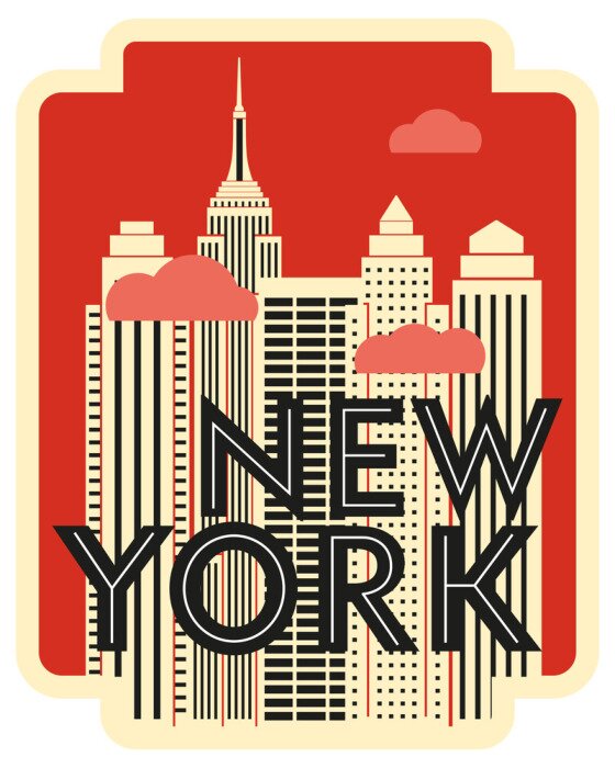 Sticker Retro design poster New York. Skyscrapers and clouds. Vector drawing