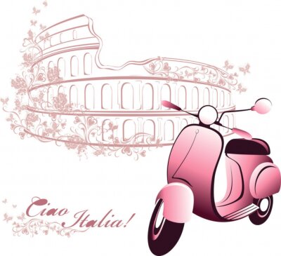 Sticker Retro-Karte Reise nach Italien. Weinlese-Roller und Kolosseum in Rom