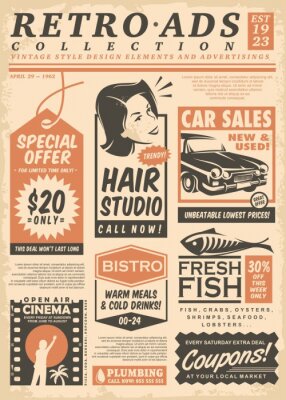 Sticker Retro newspaper ads collection on old paper texture. Vector illustration.