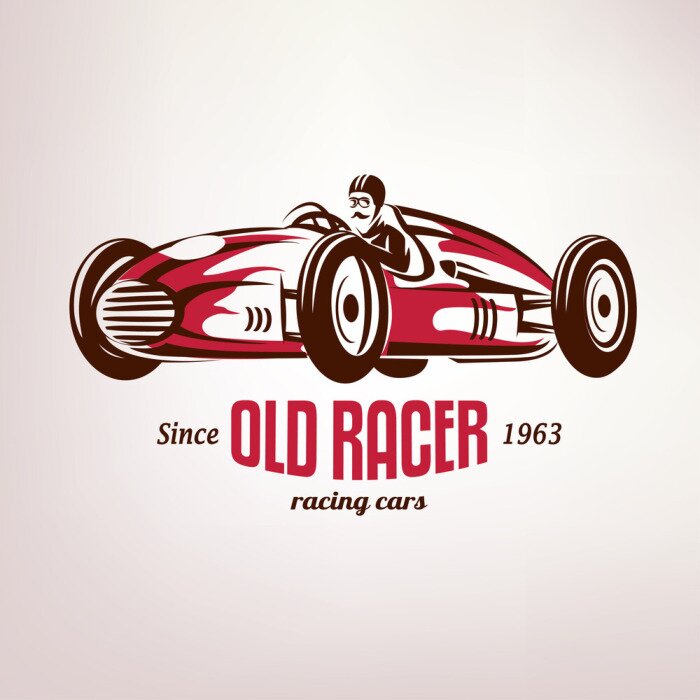 Sticker Retro-Rennwagen, Vintage-Vektor-Symbol, Emblem, Label-Vorlage