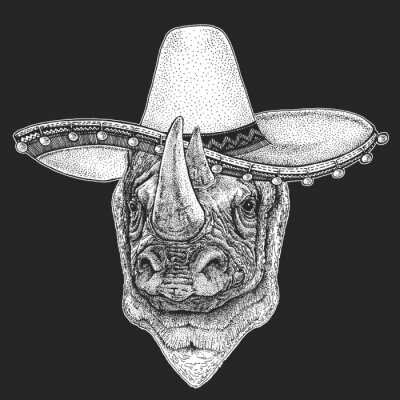 Sticker Rhinoceros, rhino portrait. Sombrero is traditional mexican hat. Mexico. Head of wild animal.