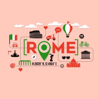 Sticker Rom Italien-Ikonen und Typografieentwurf für Karten, Fahnen, T-Shirts und Plakate