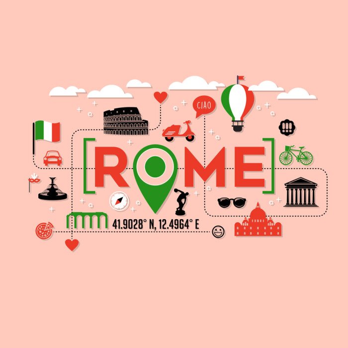 Sticker Rom Italien-Ikonen und Typografieentwurf für Karten, Fahnen, T-Shirts und Plakate