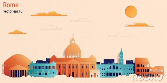Sticker Rome city colorful paper cut style, vector stock illustration. Cityscape with all famous buildings. Skyline Rome city composition for design.