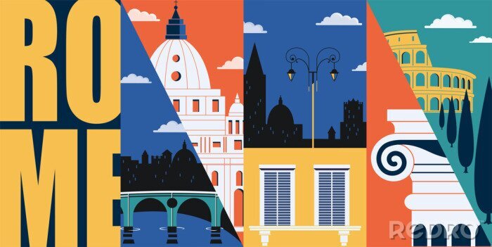 Sticker Rome, Italy vector banner, illustration. City skyline, historical buildings in modern flat design