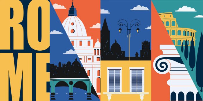 Sticker Rome, Italy vector banner, illustration. City skyline, historical buildings in modern flat design