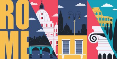 Sticker Rome, Italy vector skyline illustration, postcard. Travel to Italy modern flat graphic design