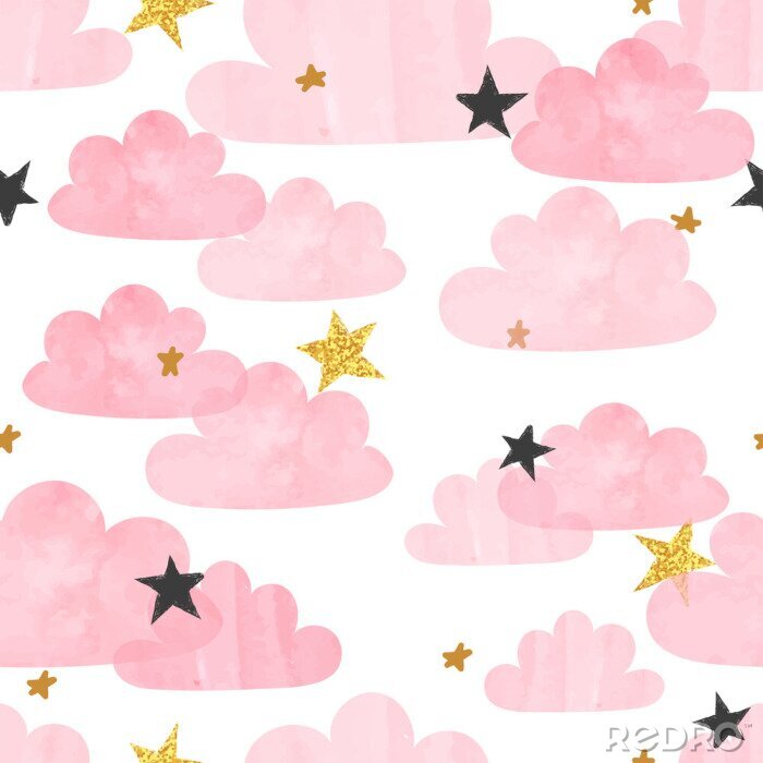 Sticker Rosa Aquarell-Wolken und Sterne
