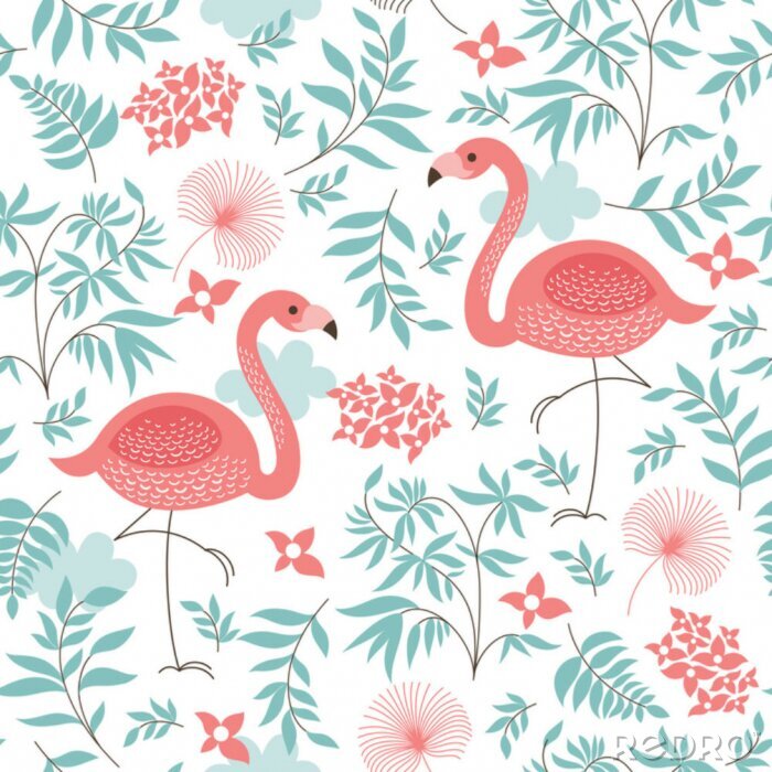 Sticker Rosa Flamingos Blumen und Blättern