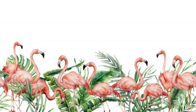 Rosa Flamingos zwischen Monstera-Blättern