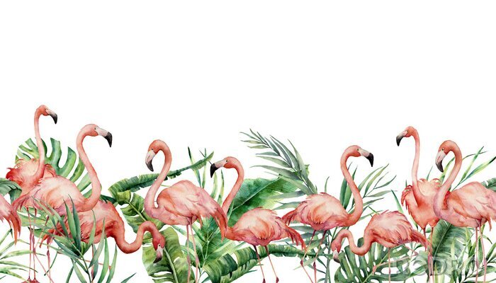 Sticker Rosa Flamingos zwischen Monstera-Blättern