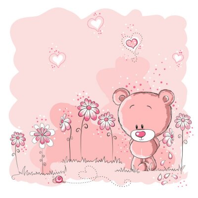 Sticker Rosa netter Bär mit einer Blume
