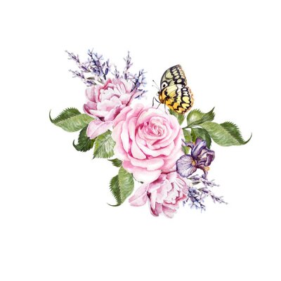 Sticker Rosa Rosen und Schmetterling