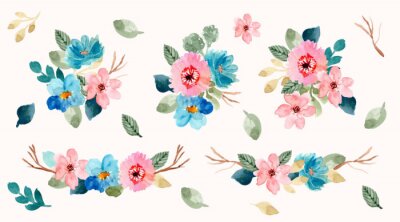 Sticker Rosa und blaue Blumen Sammlung von Illustrationen
