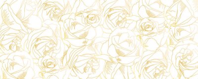 Sticker Roses bud outlines. Vector pattern with contours of flowers in golden colors. Abstract art, hand-drawn romantic background. Vector illustration, eps10. Template for poster, banner, cover, leaflets.
