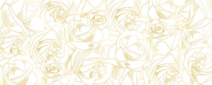 Sticker Roses bud outlines. Vector pattern with contours of flowers in golden colors. Abstract art, hand-drawn romantic background. Vector illustration, eps10. Template for poster, banner, cover, leaflets.