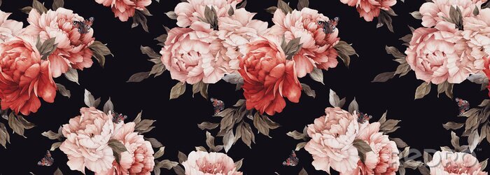 Sticker Rot-rosa Pfingstrosen auf schwarzem Hintergrund