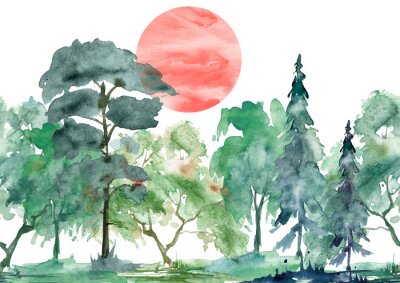 Sticker Rote Sonne über dem Wald