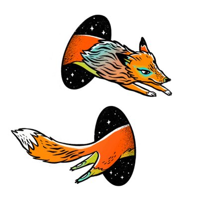 Sticker Rotfuchs im Weltraum in einem magischen Portal