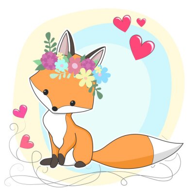 Sticker Rotfuchs umgeben von rosa Herzen