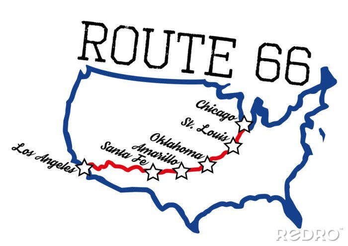 Sticker Route 66 mit Karte der Hauptstädte. Layered für die einfache Bearbeitung, konvertierte Schriften. Die verwendeten Schriften sind frei für den kommerziellen Gebrauch (Octin Vintage und Streetwear)