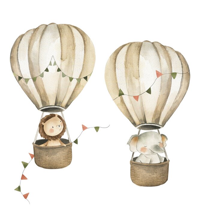 Sticker Safari Animals in hot air balloons  Baby Watercolor Illustration 
