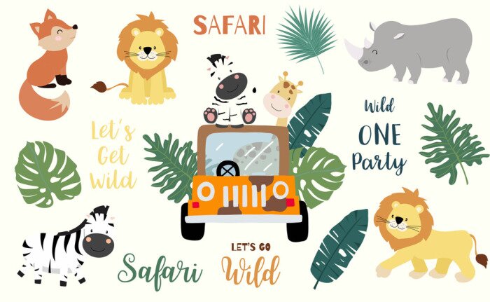Sticker Safari object set with fox,giraffe,zebra,lion,leaves,car. illustration for logo,sticker,postcard,birthday invitation.Editable element
