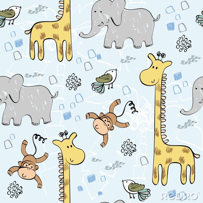 Sticker Safaritiere auf blauem Hintergrund mit Palmen