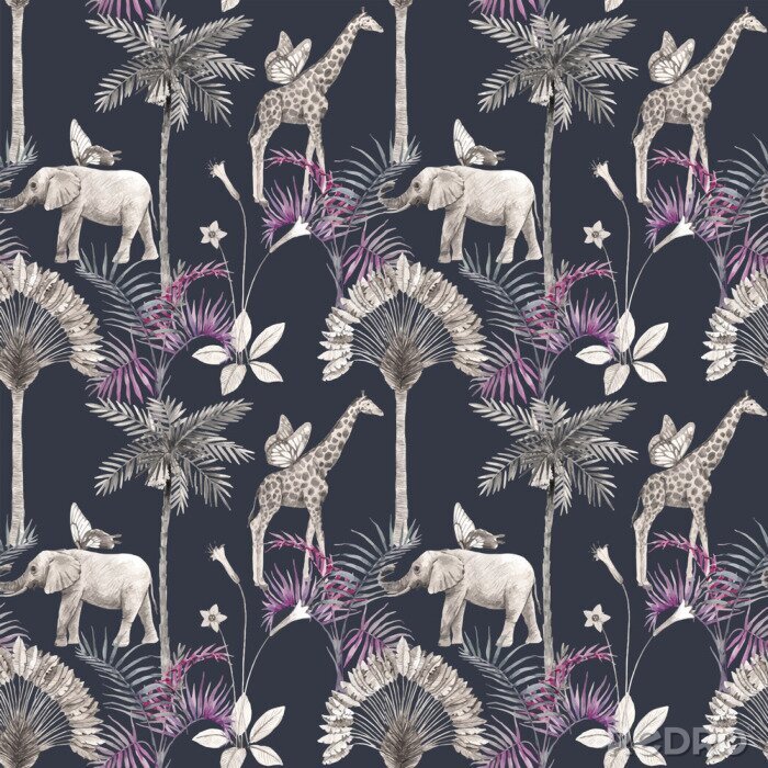 Sticker Safaritiere zwischen tropischen Pflanzen