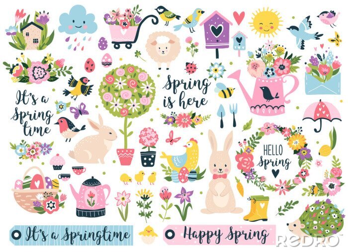 Sticker Sammlung farbenfroher fröhlicher vom Frühling inspirierter Grafiken