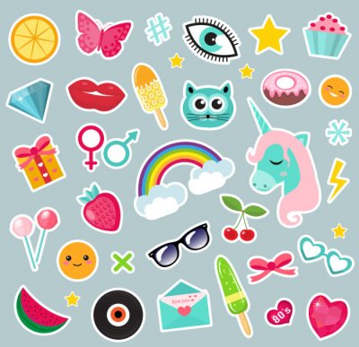 Sticker Sammlung von einfachen farbenfrohen fröhlichen Grafiken