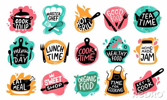 Sticker Sammlung von kulinarischen bunten Grafiken mit Aufschriften