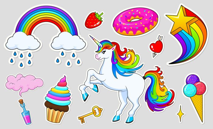 Sticker Sammlung von Regenbogengrafiken, die verschiedene Motive darstellen