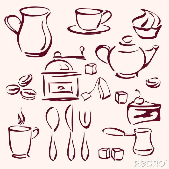 Sticker Sammlung von Tee, Kaffee und Kuchen Silhouetten